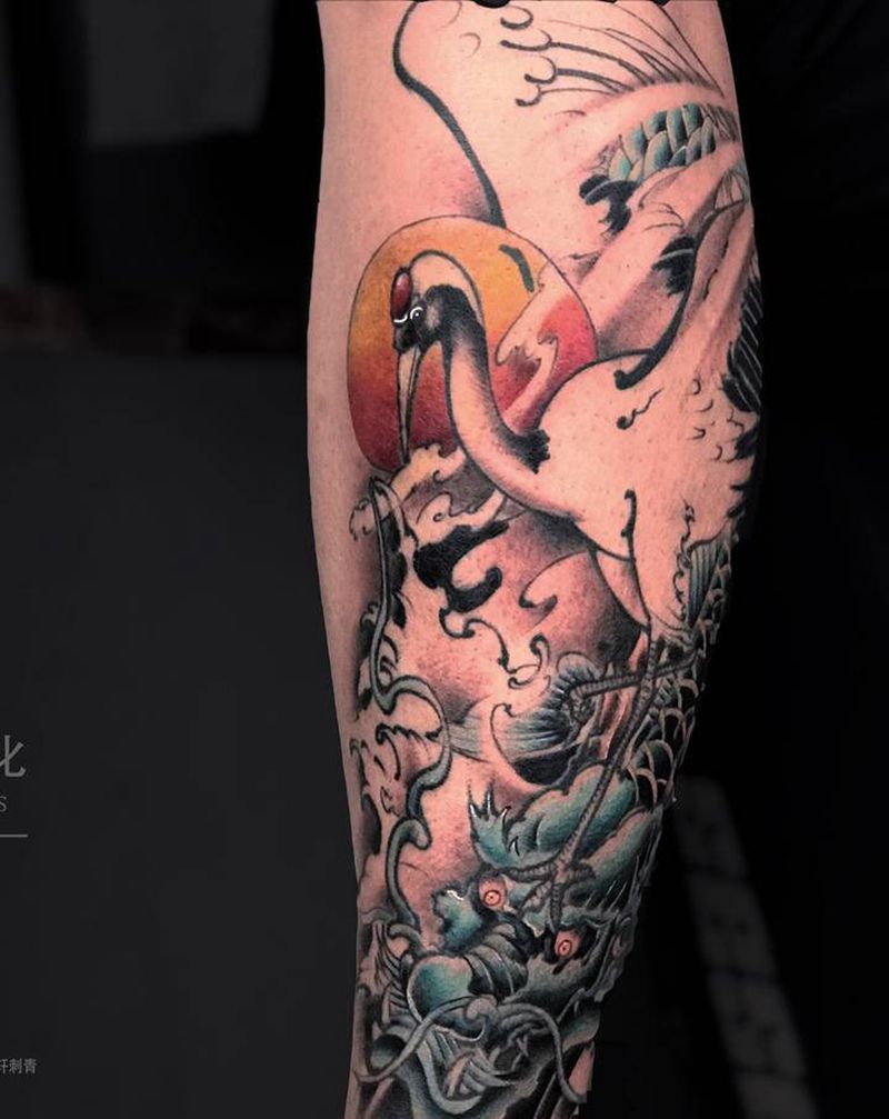 仙鹤-独占鳌头纹身图片_腿部新传统纹身图案
