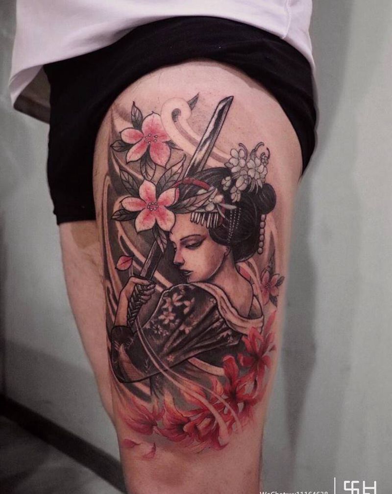 艺伎纹身图片_腿部新传统艺伎纹身图案