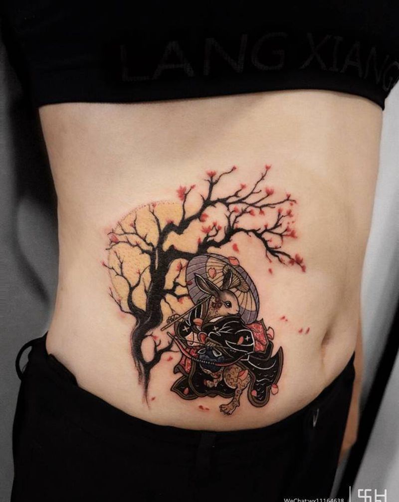 兔子纹身图片_腹部New School兔子卡通纹身图案