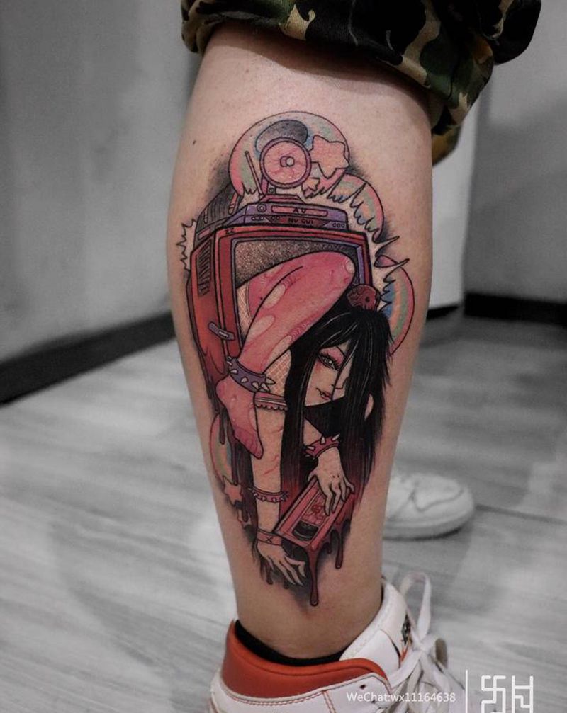贞子小姐纹身图片_腿部New School彩色卡通二次元纹身图案