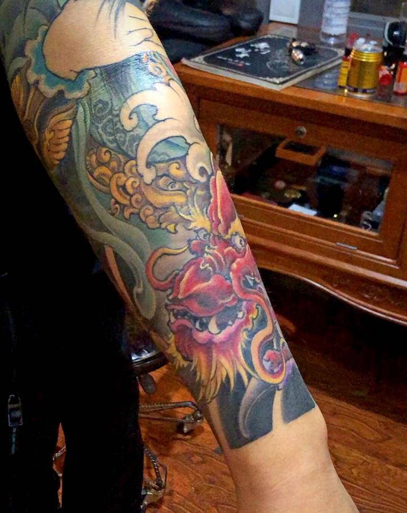 关公花臂纹身图片_手臂新传统纹身图案