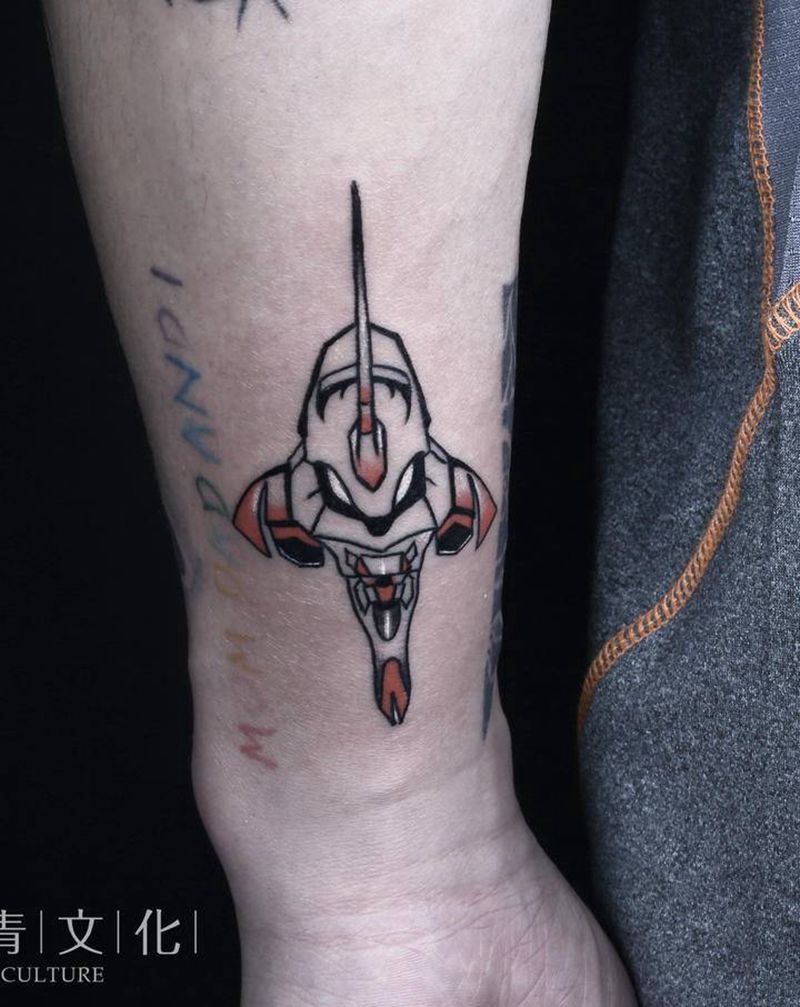 小铁头纹身图片_手臂几何机器人纹身图案