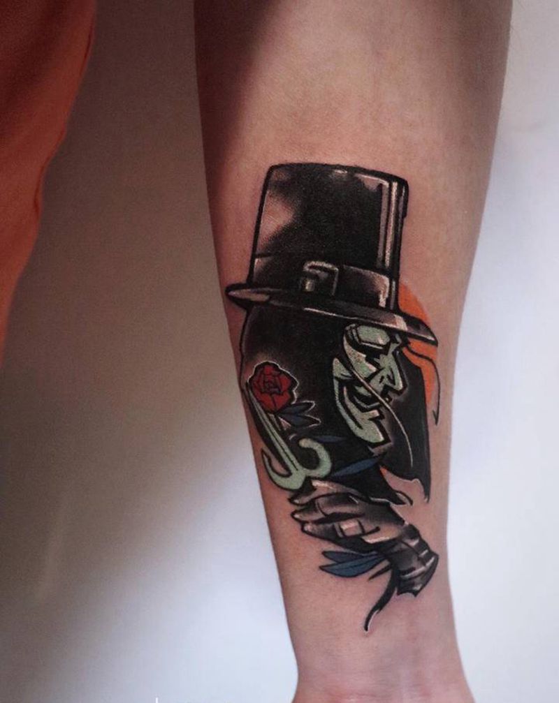 V字仇杀队纹身图片_手臂Old SchoolV字仇杀队彩色遮盖纹身图案