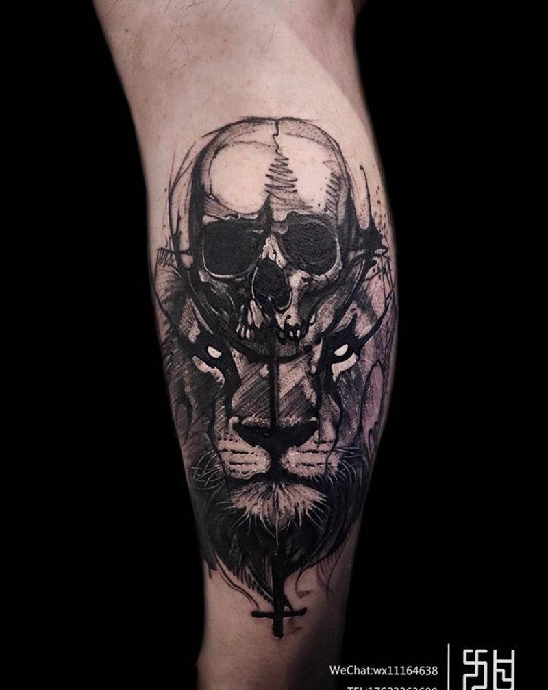狮子纹身图片_狮子骷髅纹身图案