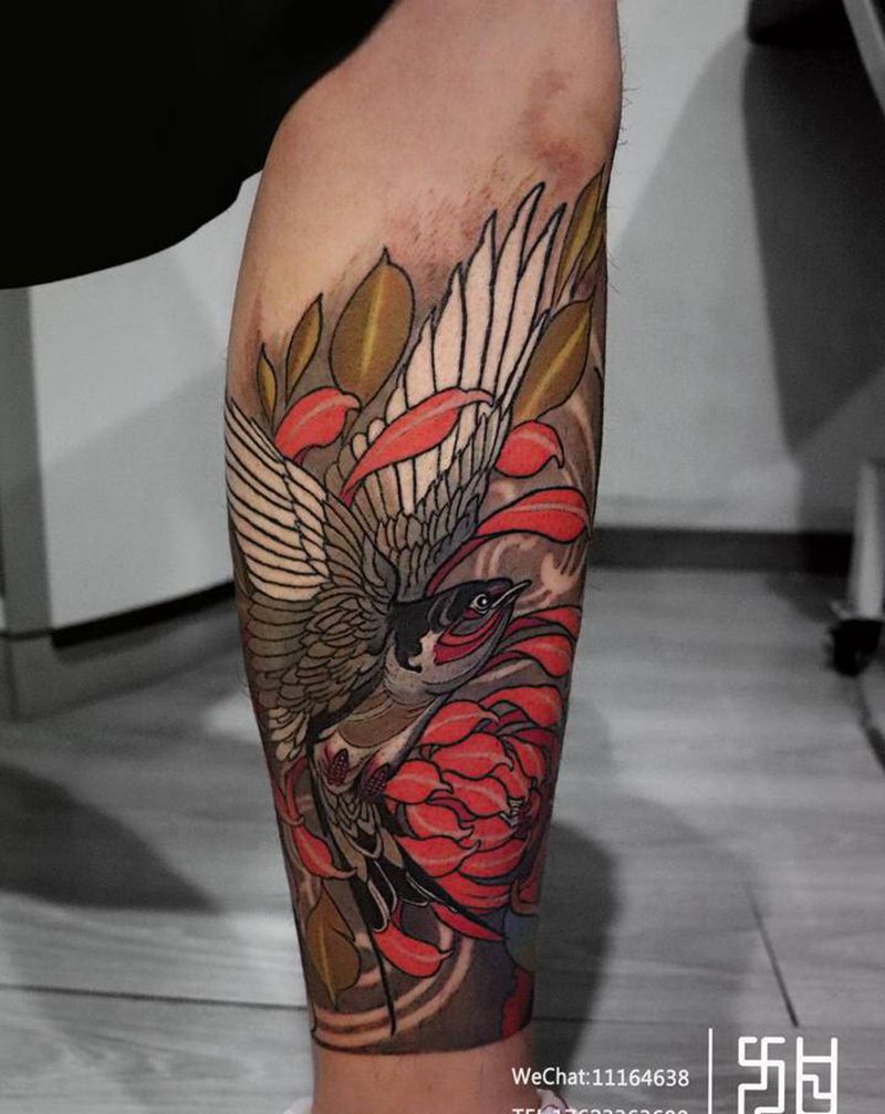 花鸟鱼市场纹身图片_腿部新传统鸟鱼花纹身图案