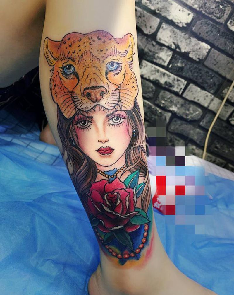 小腿纹身图片_New School水彩纹身图案