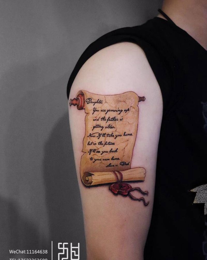 父爱纹身图片_手臂New School英文卷轴纹身图案