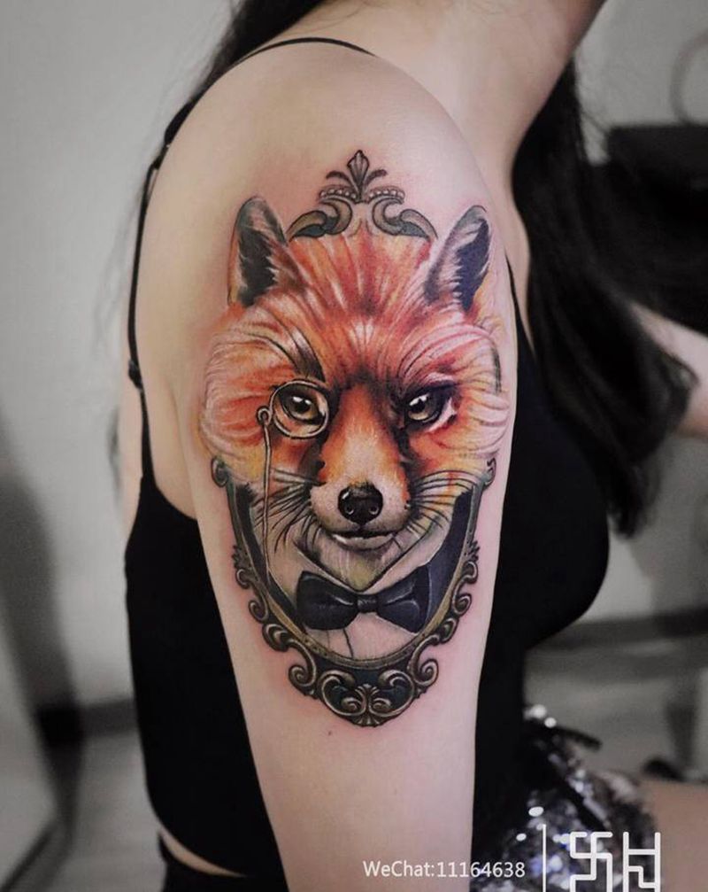 狐狸先生纹身图片_手臂欧美写实New School狐狸彩色纹身图案