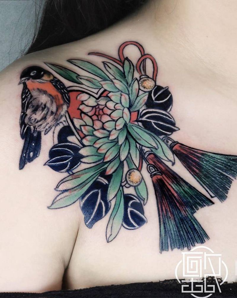 鸟语花香纹身图片_肩部水墨水彩纹身图案
