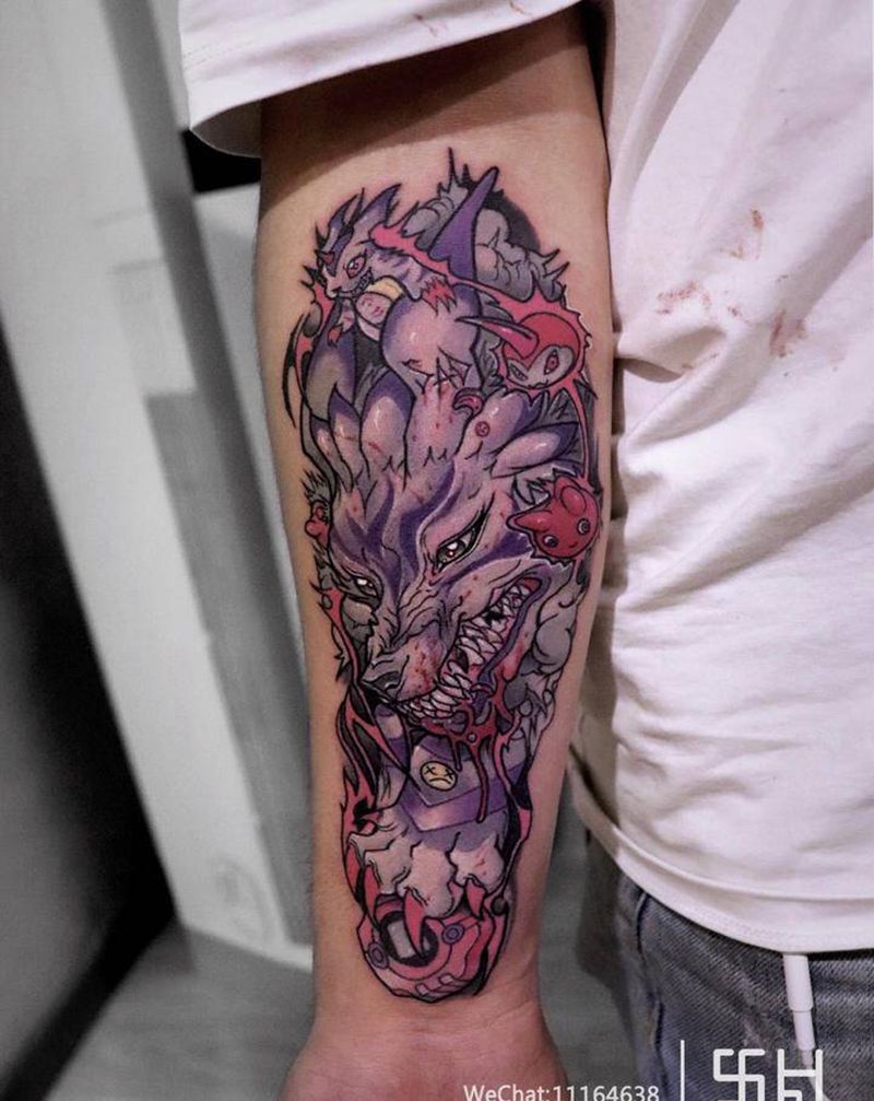 数码宝贝纹身图片_手臂New School数码宝贝动漫狼纹身图案