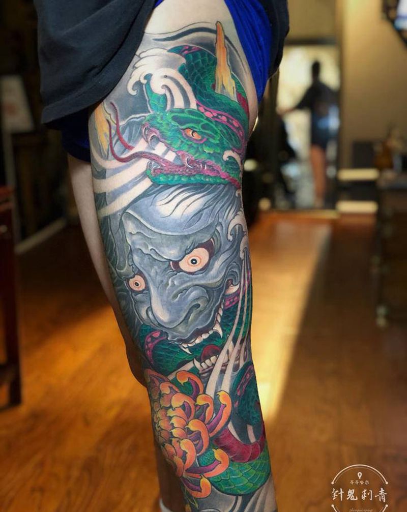 般若纹身图片_腿部新传统纹身图案