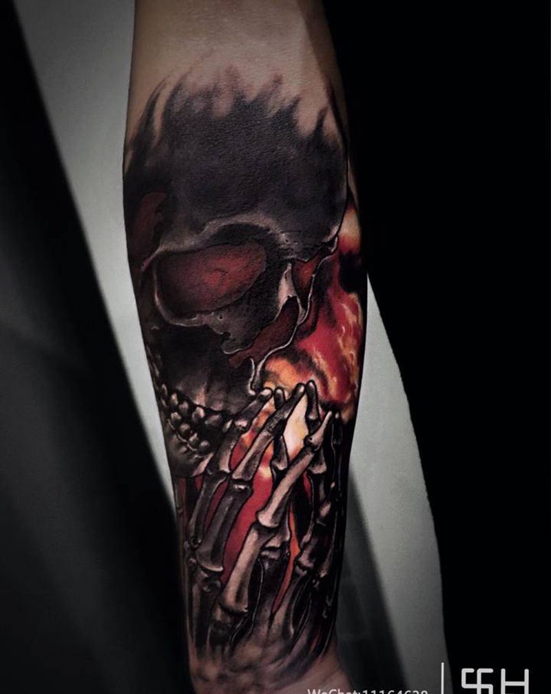 遮盖作品纹身图片_手臂欧美写实遮盖骷髅暗黑纹身图案