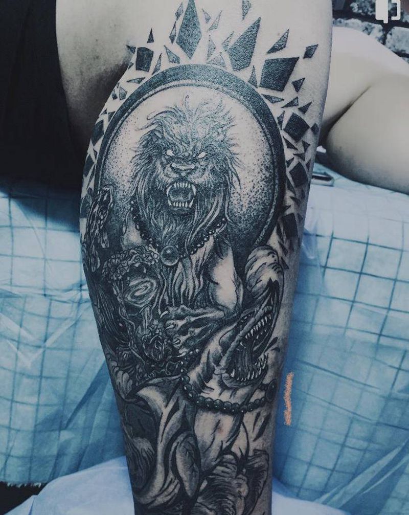 小腿狮子座 双鱼座纹身图片_腿部脚部老传统点刺纹身图案