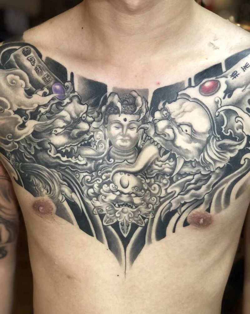 黑白无常纹身图片_胸部新传统纹身图案