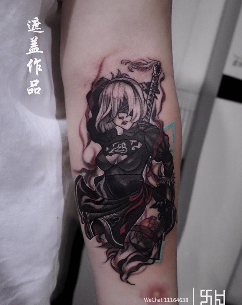 遮盖纹身图片_手臂欧美写实二次元动漫遮盖纹身图案