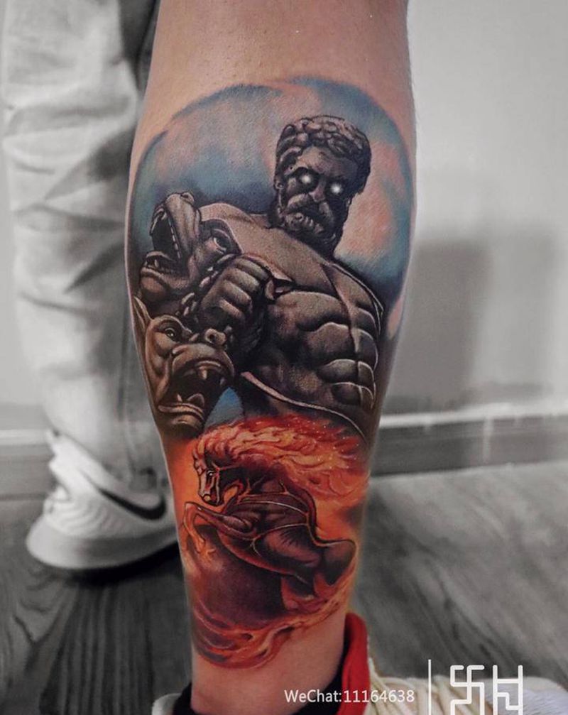 冥王哈迪斯纹身图片_腿部欧美写实冥王哈迪斯天蝎座冥王纹身图案