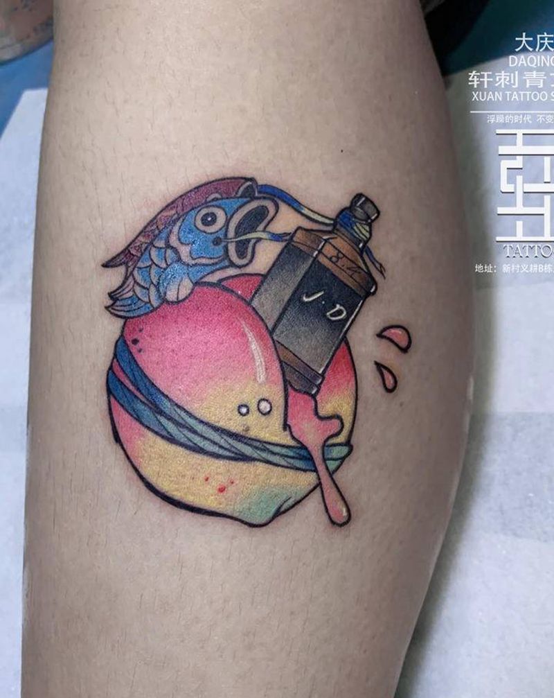 杰克丹尼与水蜜桃纹身图片_腿部New School纹身图案