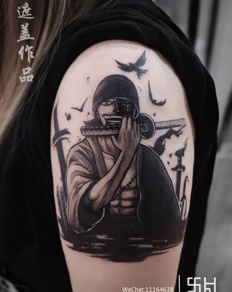 索隆遮盖纹身图片_手臂New School索隆海贼王遮盖纹身图案