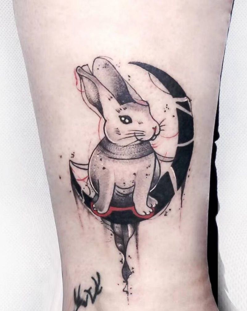 兔纹身图片_手臂水墨纹身图案