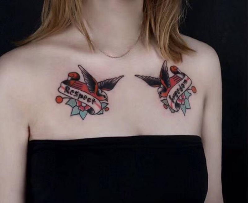 燕子纹身图片_胸部Old School纹身图案