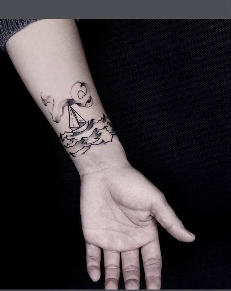 孤舟纹身图片_手臂点刺纹身图案