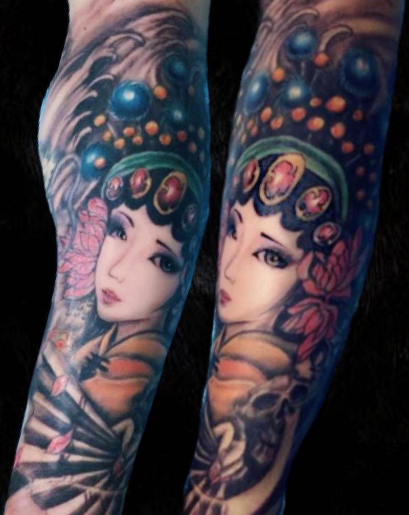 花旦纹身图片_手臂肩部老传统纹身图案