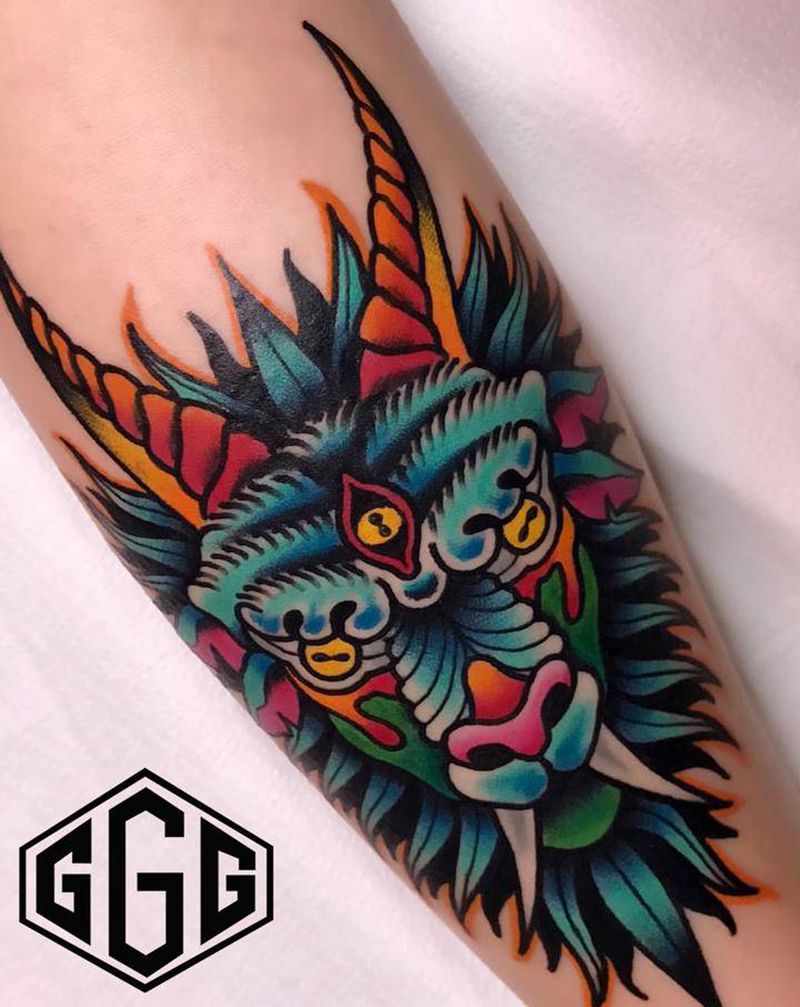 撒旦羊头纹身图片_手臂Old School纹身图案