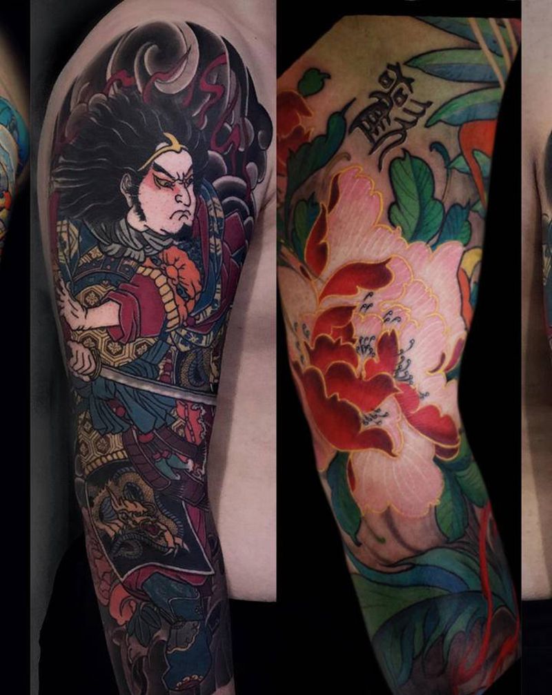 花臂纹身图片_手臂新传统老传统花臂凤凰日式纹身图案