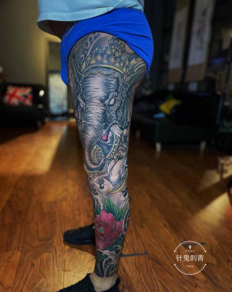 象神花腿纹身图片_腿部新传统纹身图案