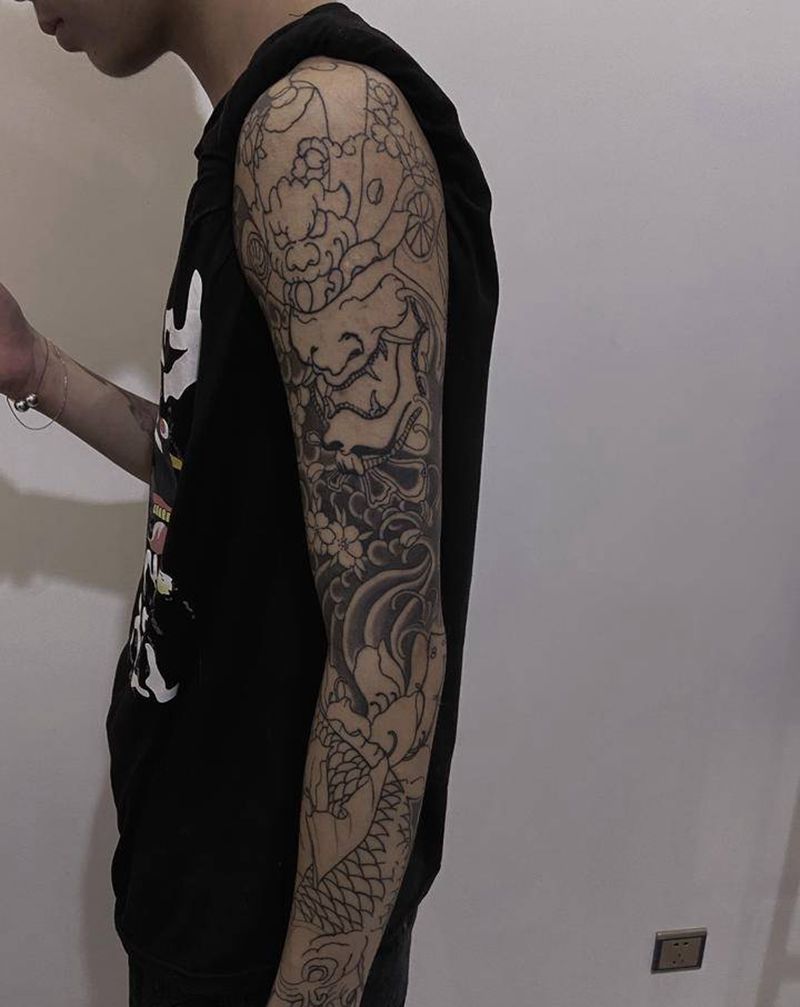 武鱼花臂纹身图片_新传统老传统纹身图案