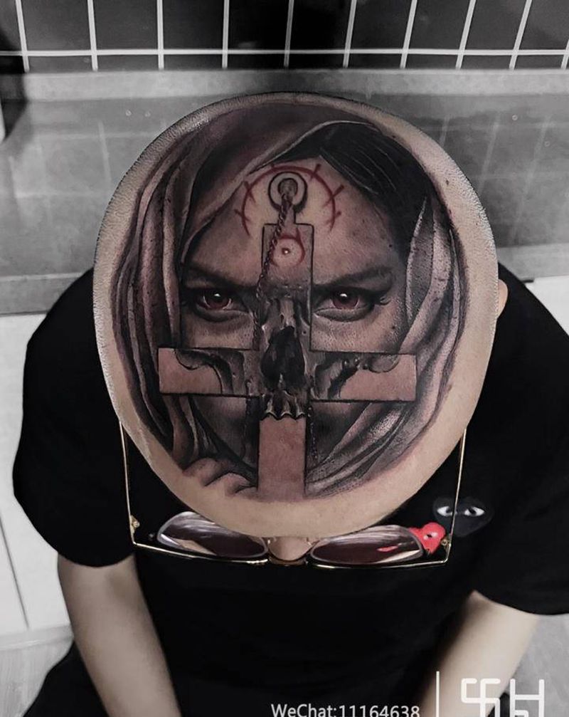 爆头纹身图片_颈部头纹身图案