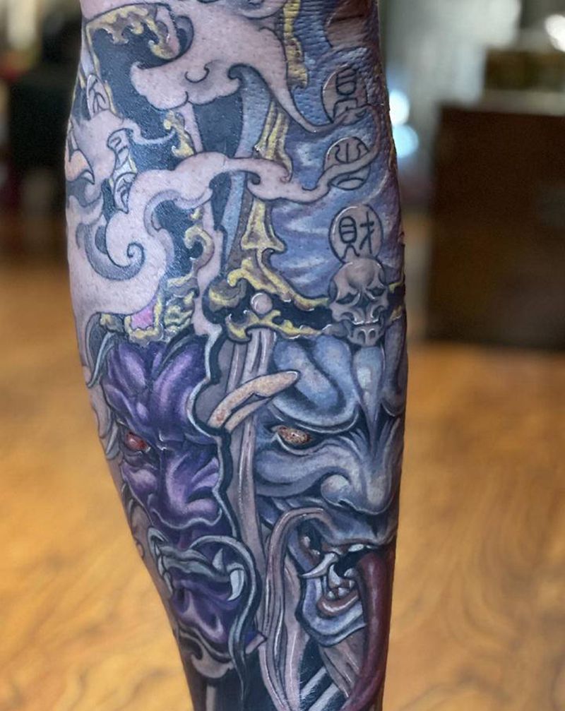 黑白无常纹身图片_腿部新传统纹身图案