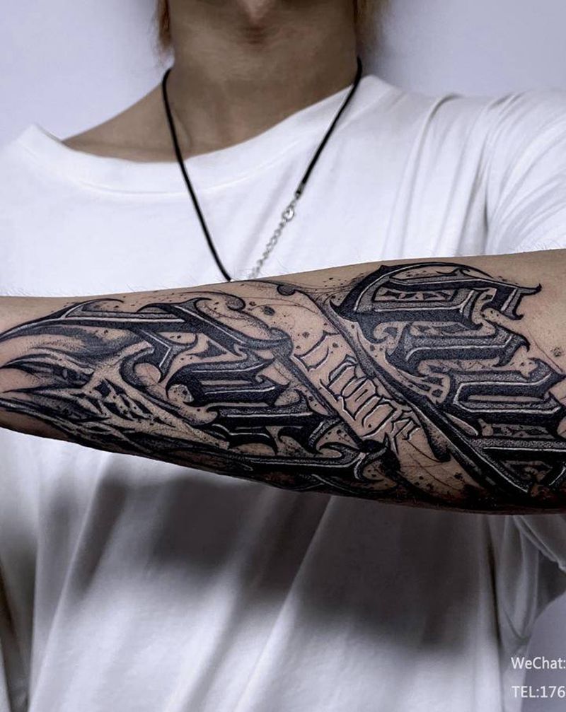 Give a fuck纹身图片_手臂花体字暗黑花体字纹身图案