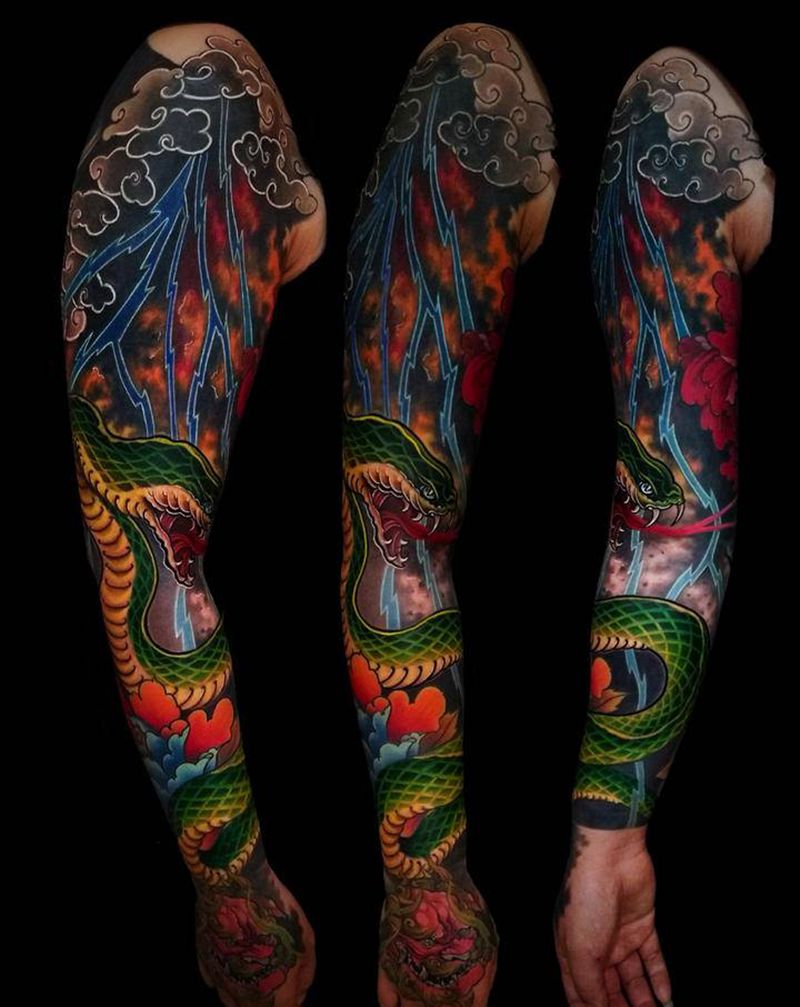 大蛇牡丹纹身图片_手臂新传统蛇