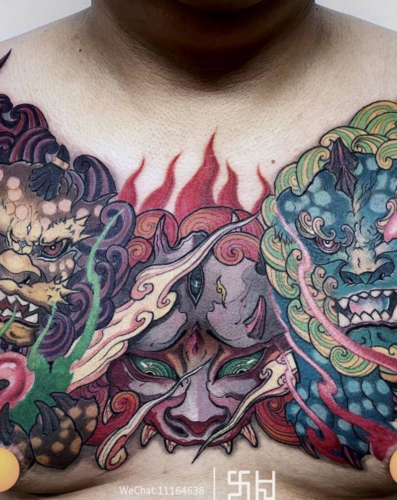 花胸纹身图片_胸部新传统班若唐狮花胸纹身图案