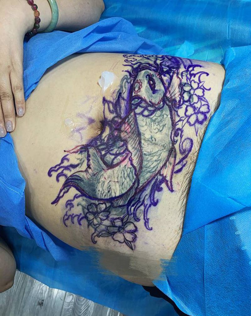 遮盖未完纹身图片_腹部老传统纹身图案