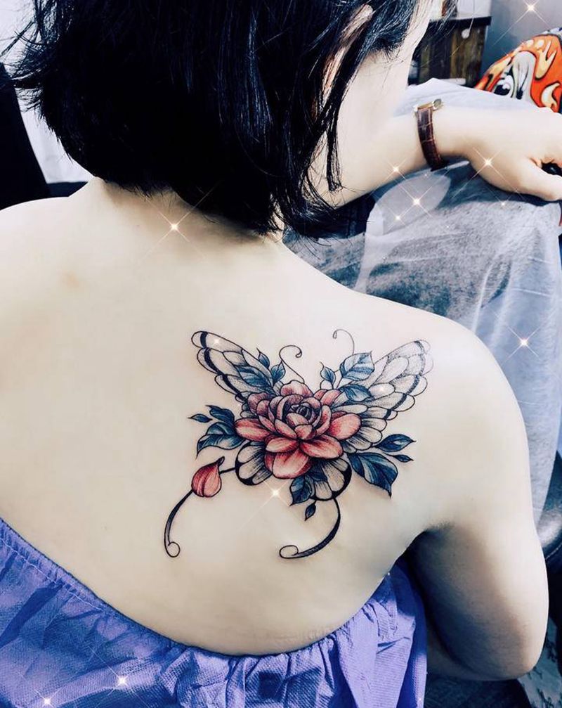 福蝶纹身图片_背部仙气飘飘纹身图案