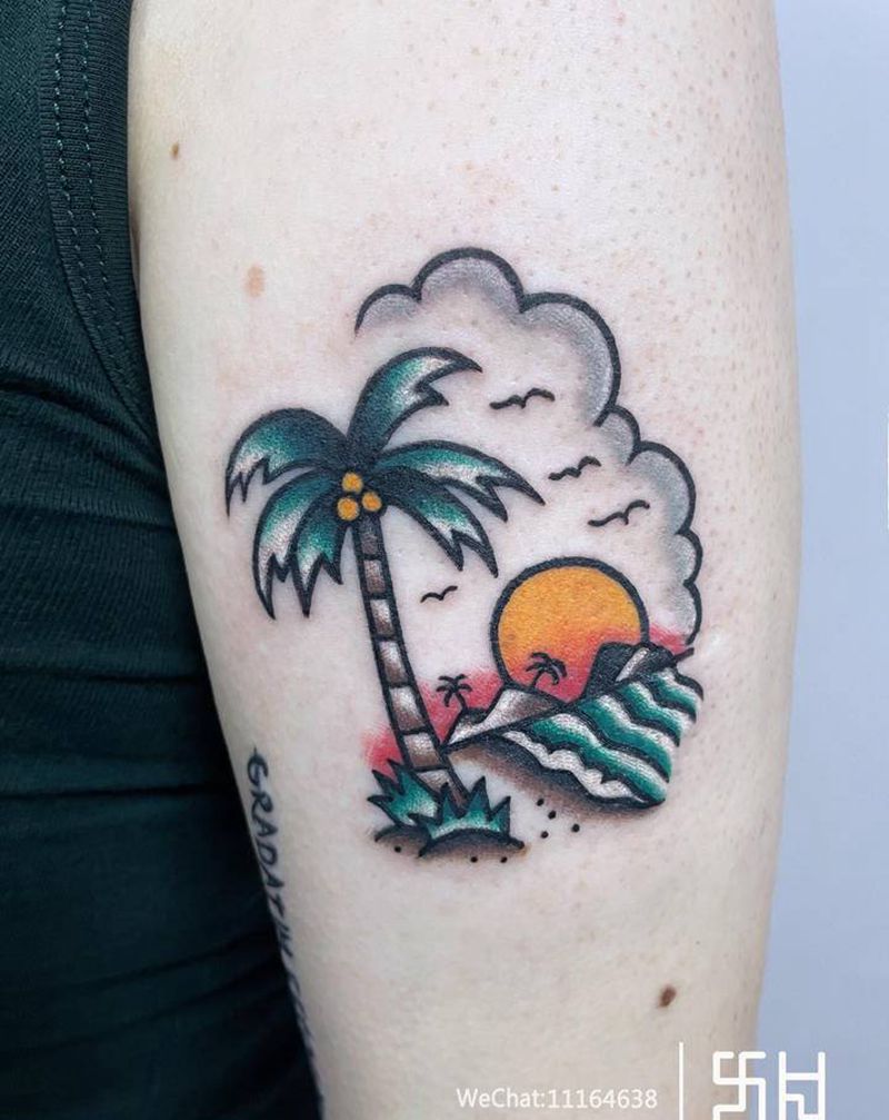 椰子树纹身图片_手臂Old School椰子树Old school纹身图案