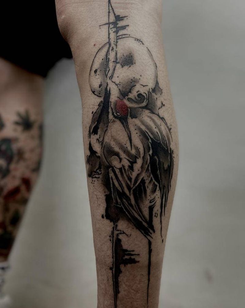 水墨 鹤纹身图片_腿部水墨水彩纹身图案