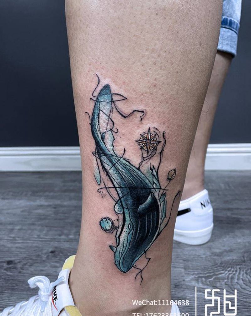鲸鱼遮盖纹身图片_腿部水墨遮盖鲸鱼纹身图案
