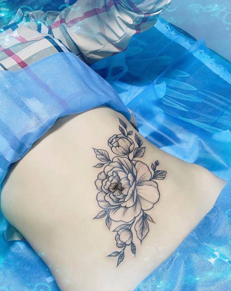 素花遮盖疤痕纹身图片_腰部腹部纹身图案