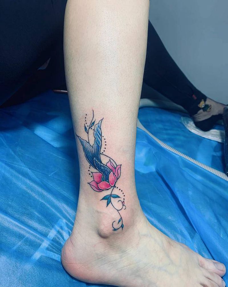 莲花美人鱼尾纹身图片_腿部脚部水彩纹身图案