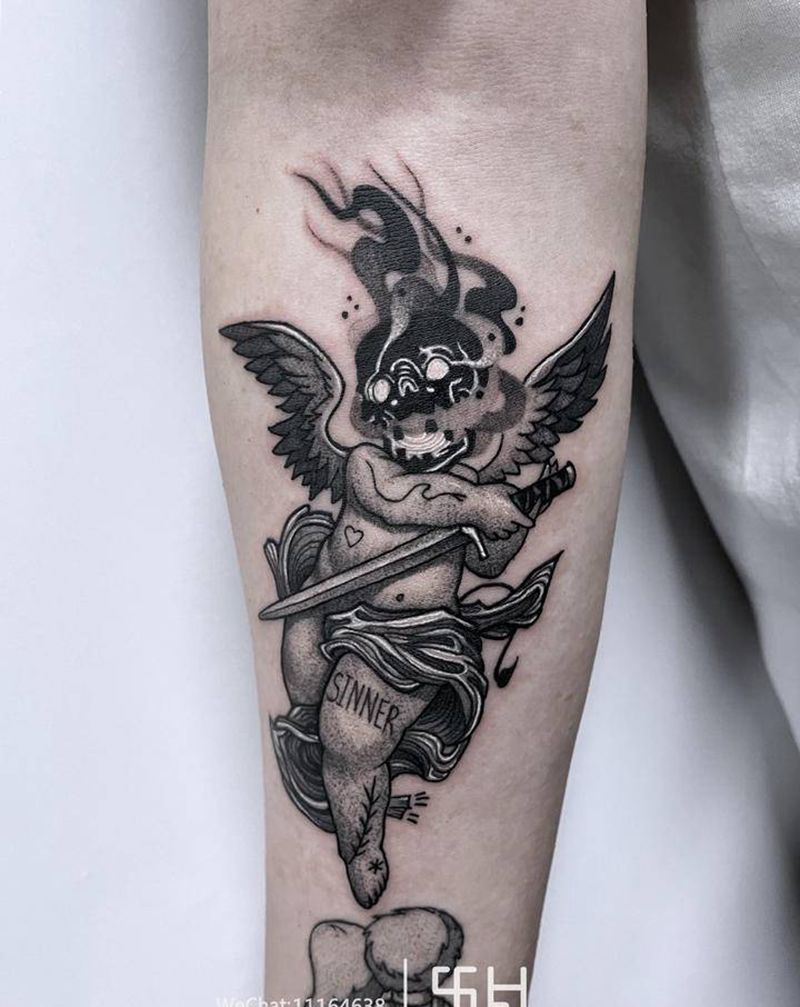 堕落天使纹身图片_手臂欧美写实点刺天使纹身图案
