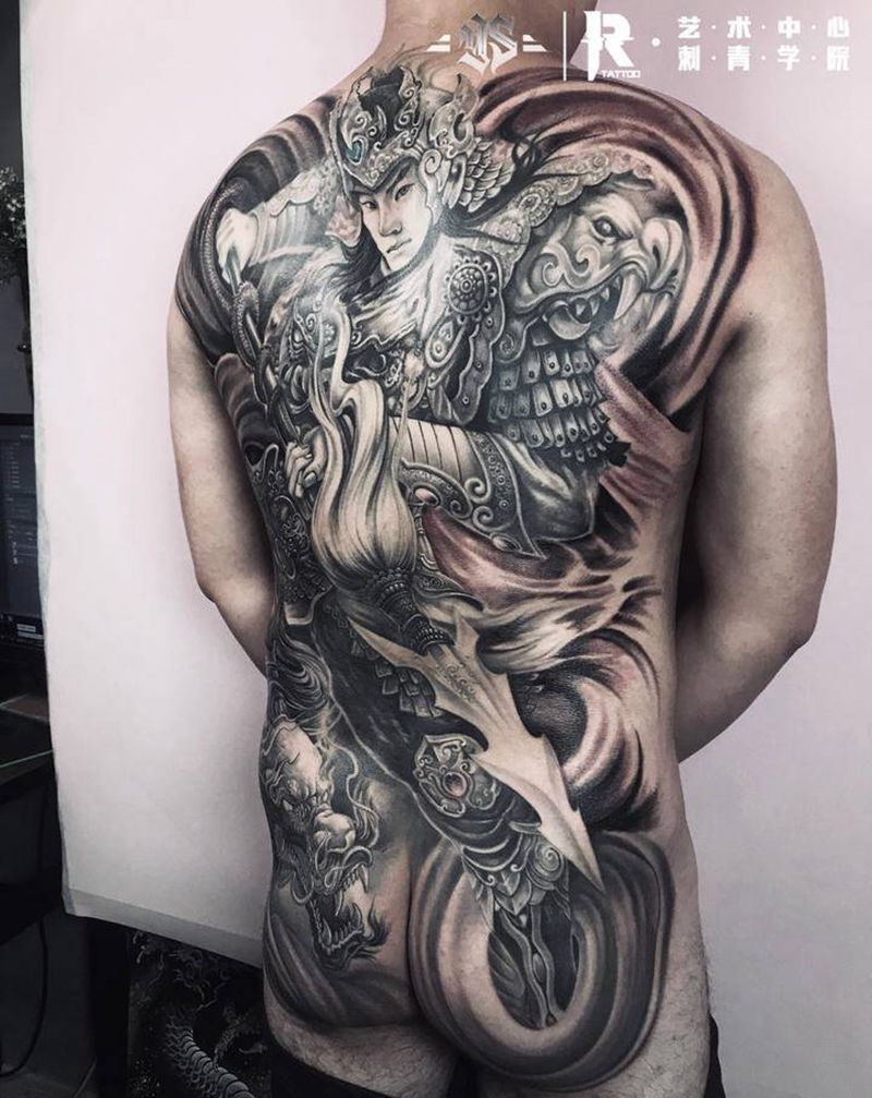 赵云子龙纹身图片_背部新传统满背赵云赵子龙纹身图案