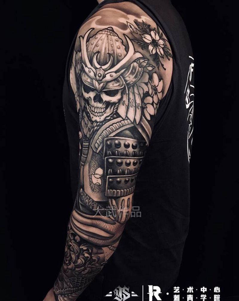 骷髅武士纹身图片_手臂新传统武士花臂传统花臂纹身图案