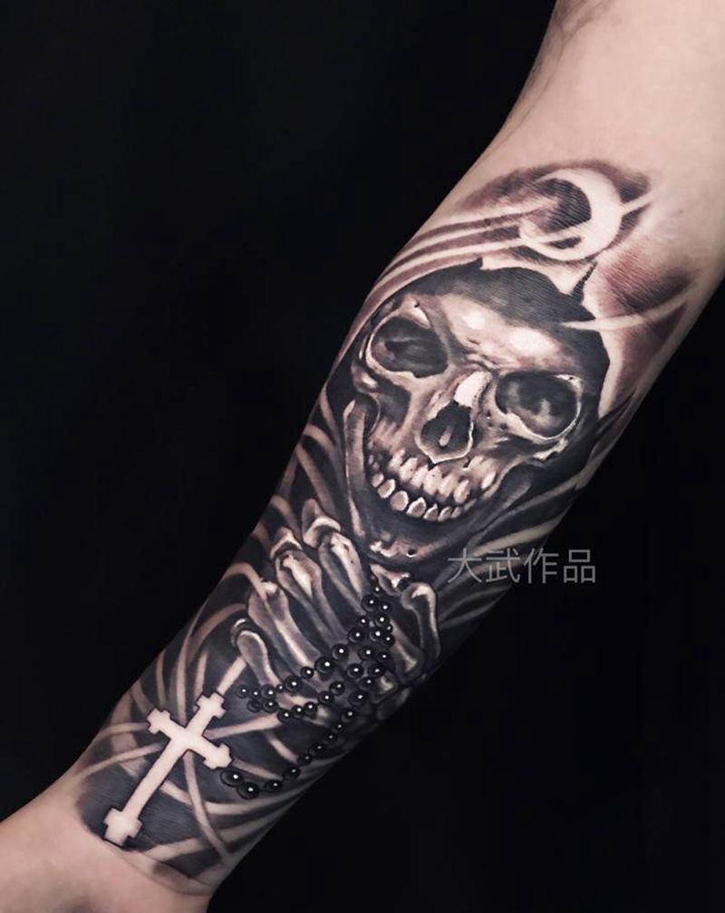 骷髅死神纹身图片_手臂欧美写实骷髅死神纹身图案