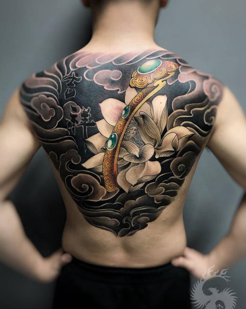 吉祥如意纹身图片_背部新传统纹身图案