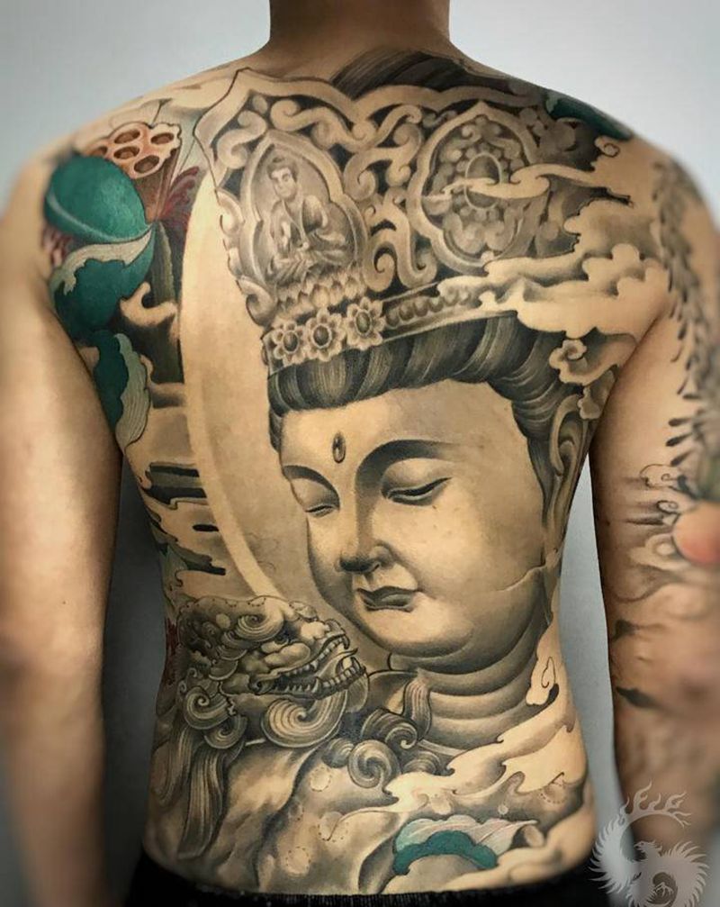 文殊菩萨纹身图片_背部新传统纹身图案