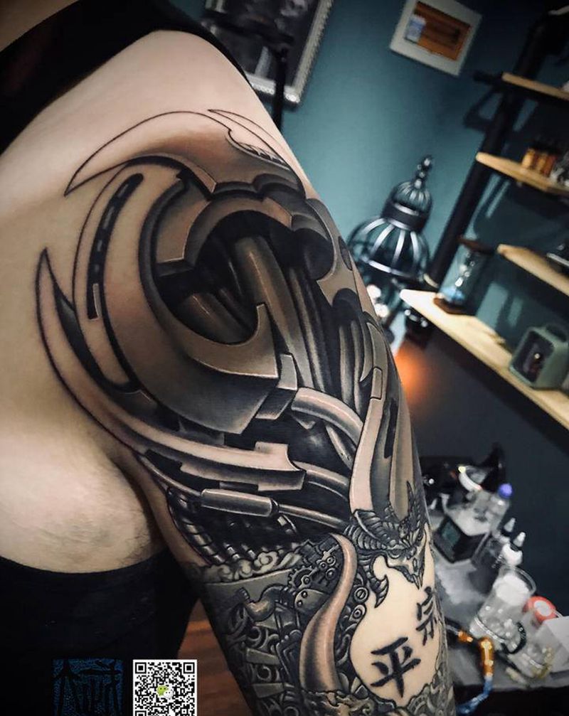 朋克机械拼接未完纹身图片_手臂New School欧美写实纹身图案