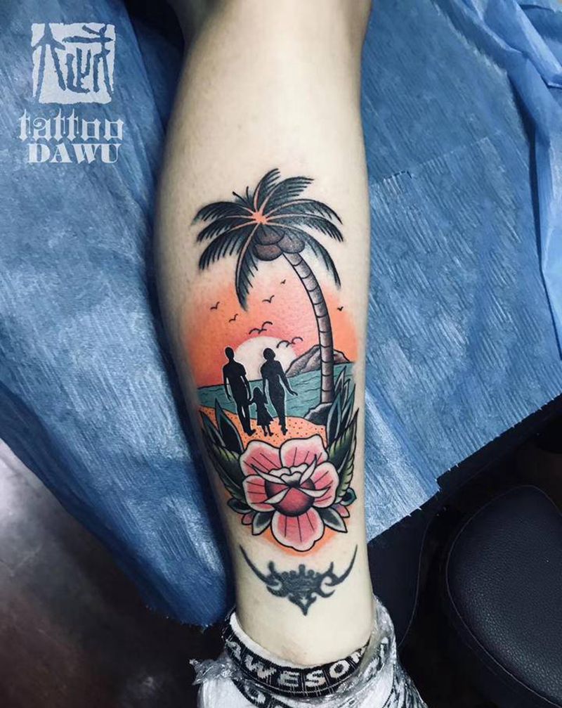 一家三口的剪影纹身图片_Old SchoolNew School椰子，剪影纹身图案